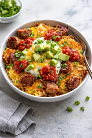 A colorful Hash Brown Breakfast Bowl topped with eggs, vegetables, and cheese.