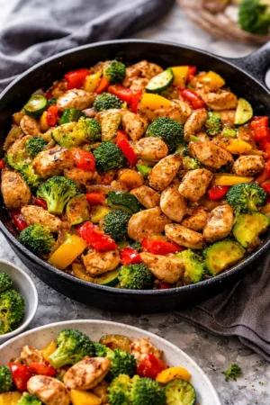 Healthy chicken skillet with colorful vegetables for a nutritious meal