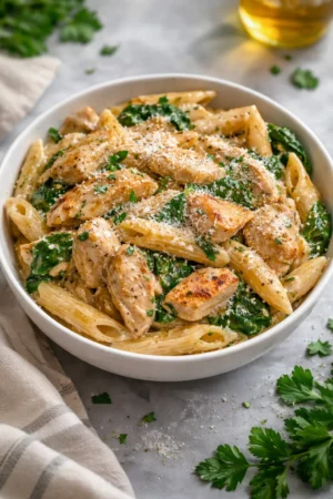 Healthy garlic parmesan chicken pasta served in a bowl with herbs and cheese