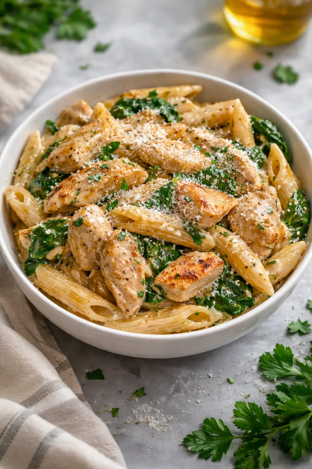 Healthy garlic parmesan chicken pasta served in a bowl with herbs and cheese