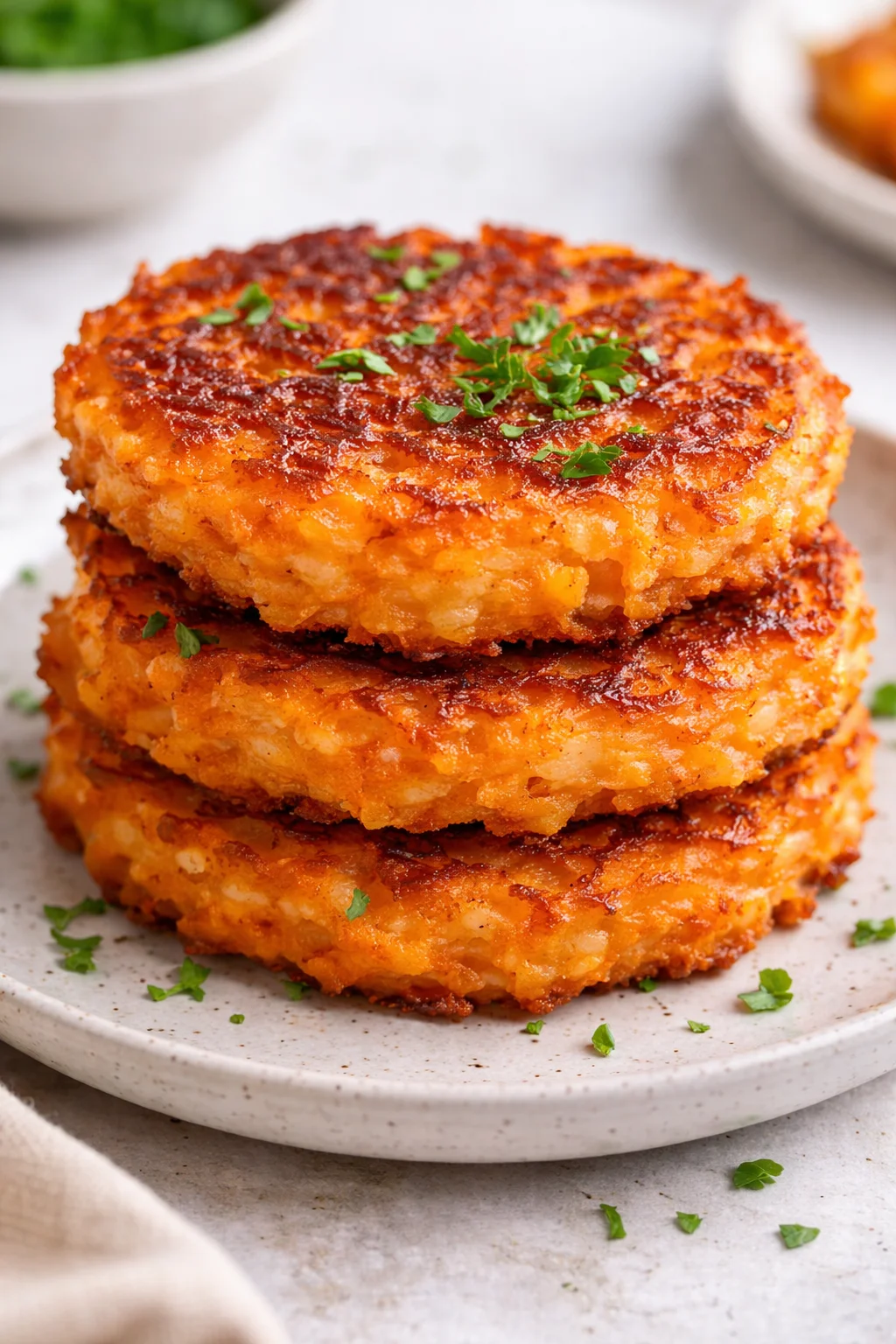 Healthy sweet potato hash browns served on a plate with herbs and vegetables