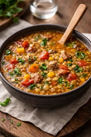 Hearty Italian sausage and lentil soup served in a bowl, garnished with parsley.