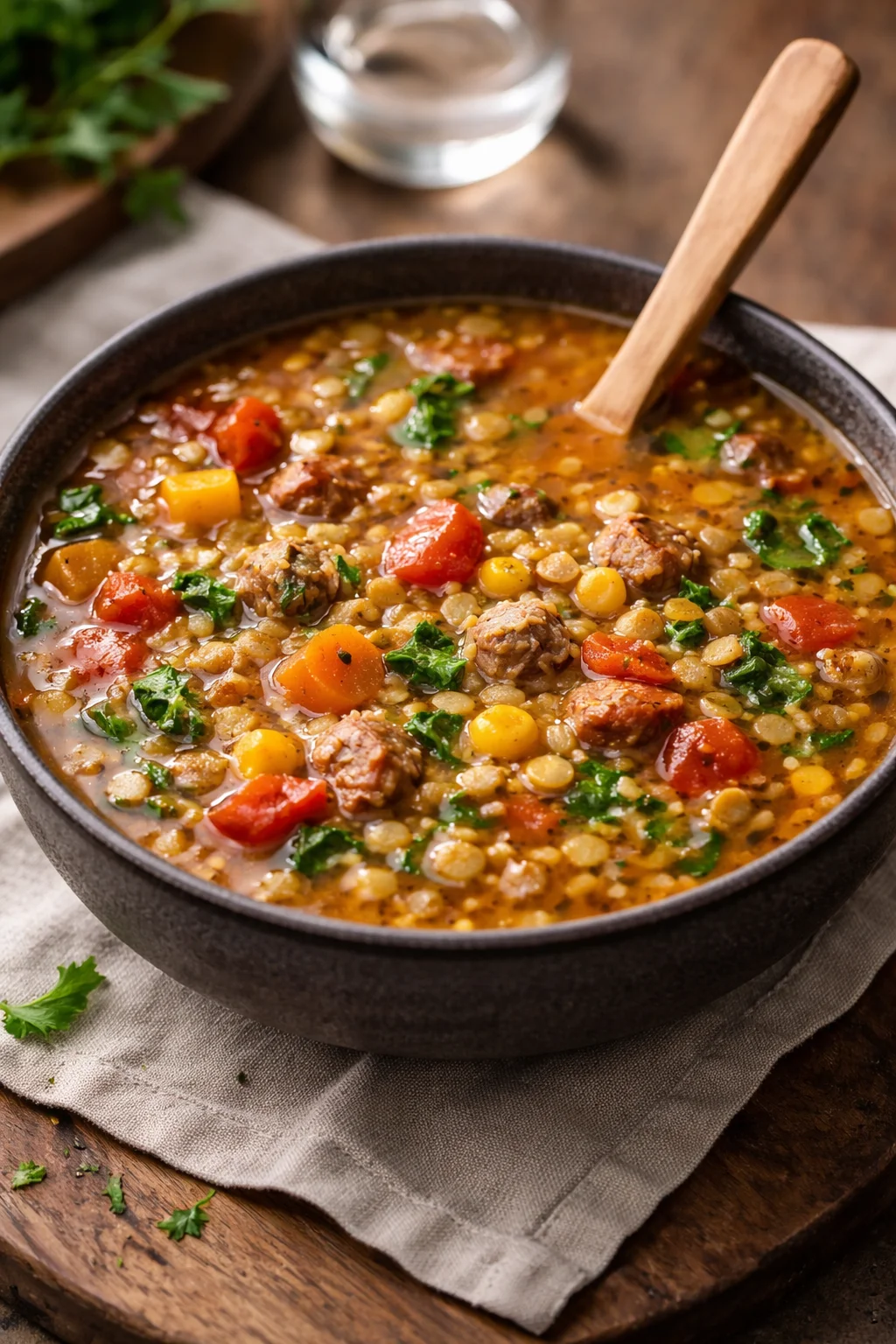 Hearty Italian sausage and lentil soup served in a bowl, garnished with parsley.