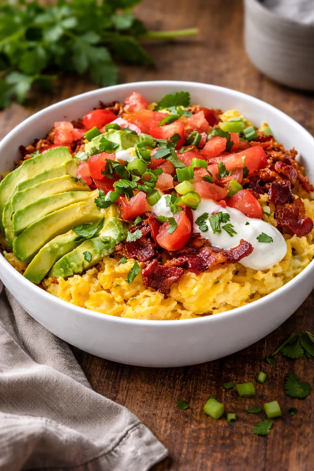 High protein breakfast bowls with eggs, quinoa, and fresh vegetables