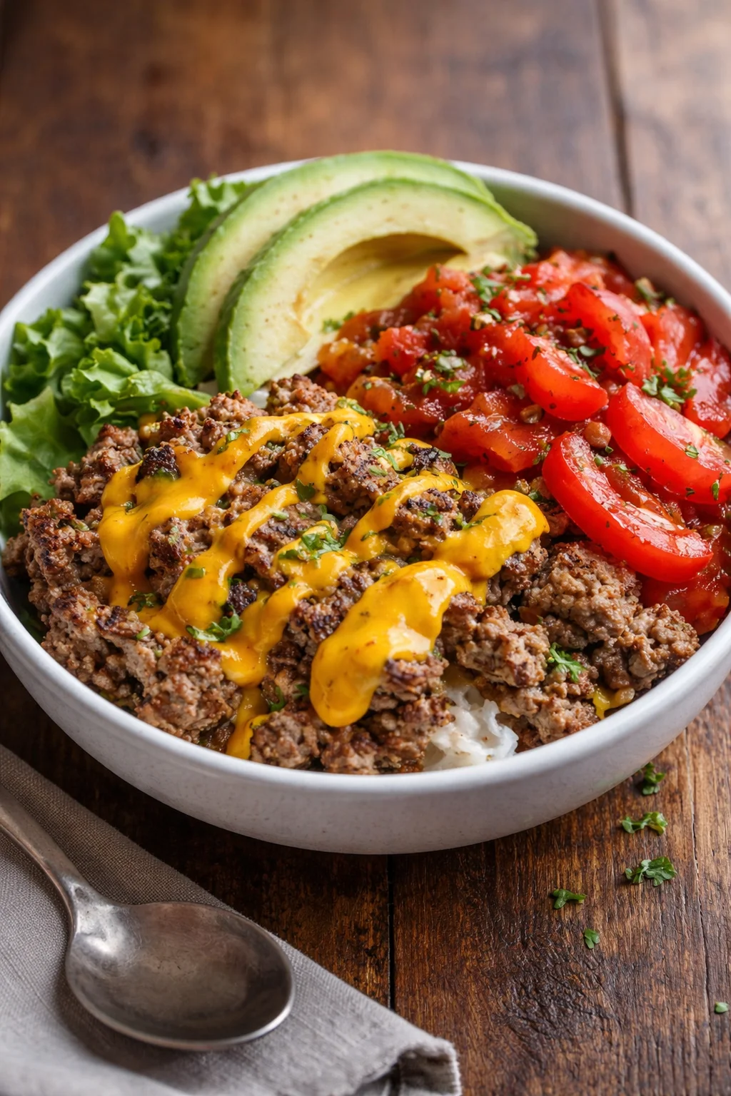 High-protein cheeseburger bowls with fresh ingredients and toppings.