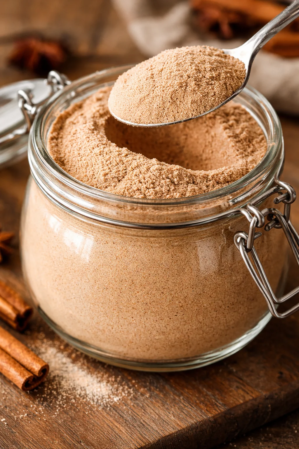 Homemade chai tea latte mix ingredients and finished beverage in a cup