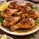 Honey garlic baked chicken drumsticks served on a plate