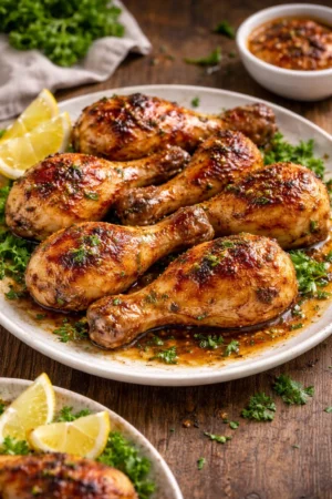 Honey garlic baked chicken drumsticks served on a plate