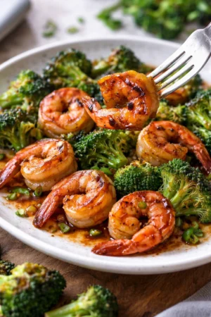 Delicious plate of Honey Garlic Butter Shrimp garnished with herbs