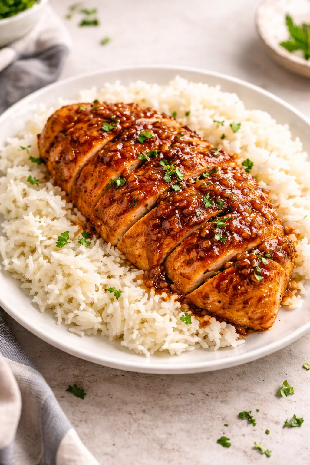 Delicious Honey Garlic Chicken garnished with sesame seeds and herbs
