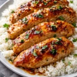 Delicious Honey Garlic Chicken Breasts served on a plate with vegetables.