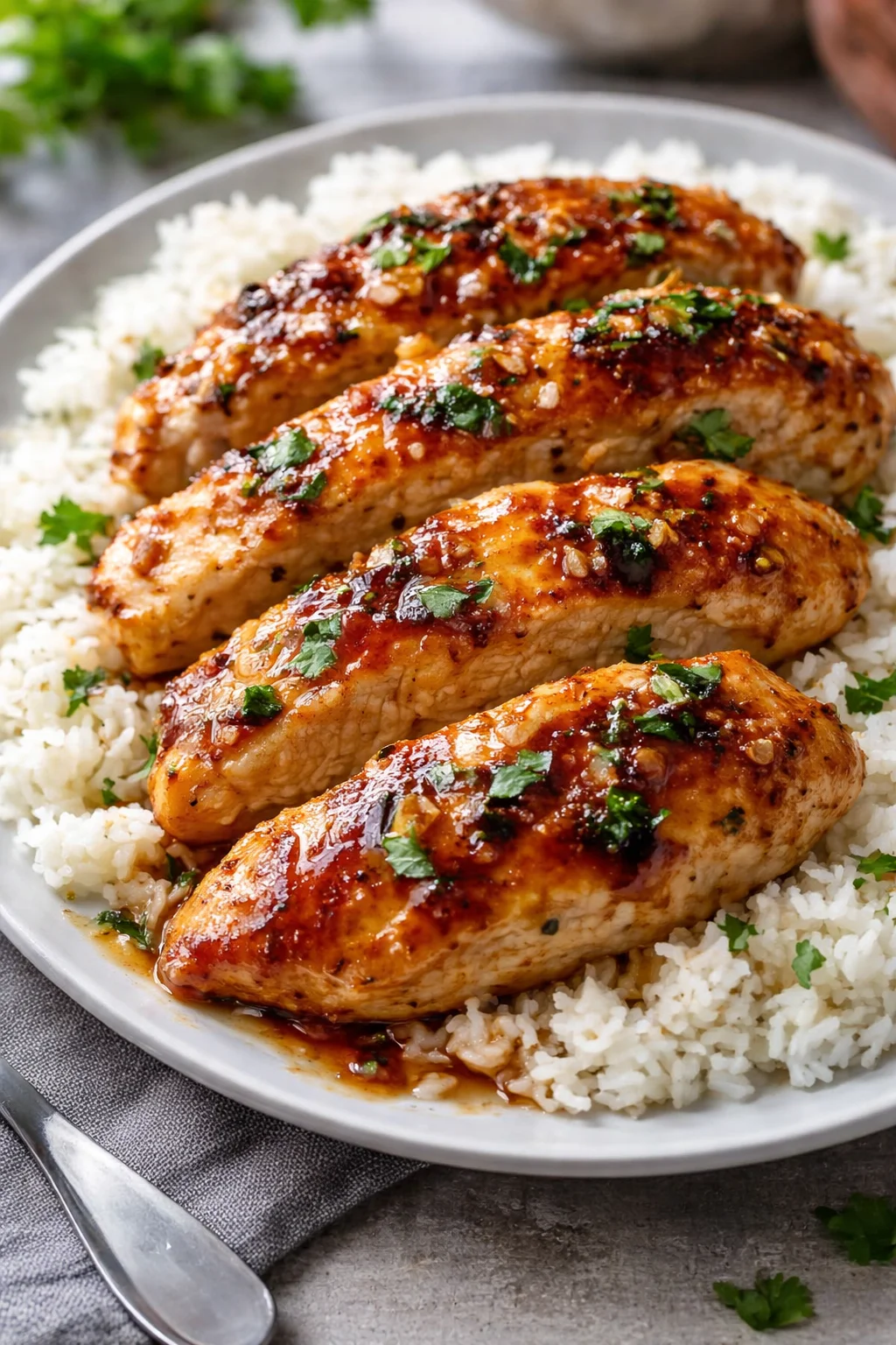 Delicious Honey Garlic Chicken Breasts served on a plate with vegetables.