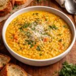 Bowl of Italian Penicillin Soup garnished with herbs and vegetables