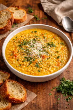 Bowl of Italian Penicillin Soup garnished with herbs and vegetables