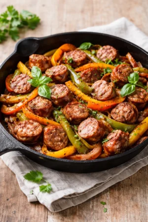 Italian Sausage and Peppers Skillet cooked in a vibrant mix of bell peppers and spices.