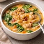 Bowl of Italian sausage white bean soup garnished with herbs