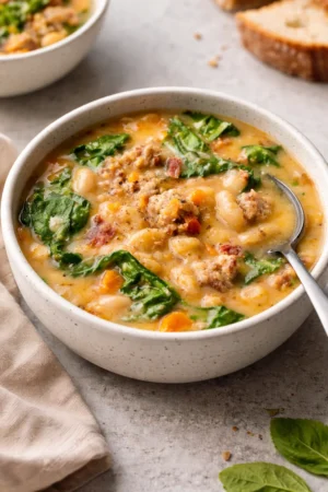 Bowl of Italian sausage white bean soup garnished with herbs