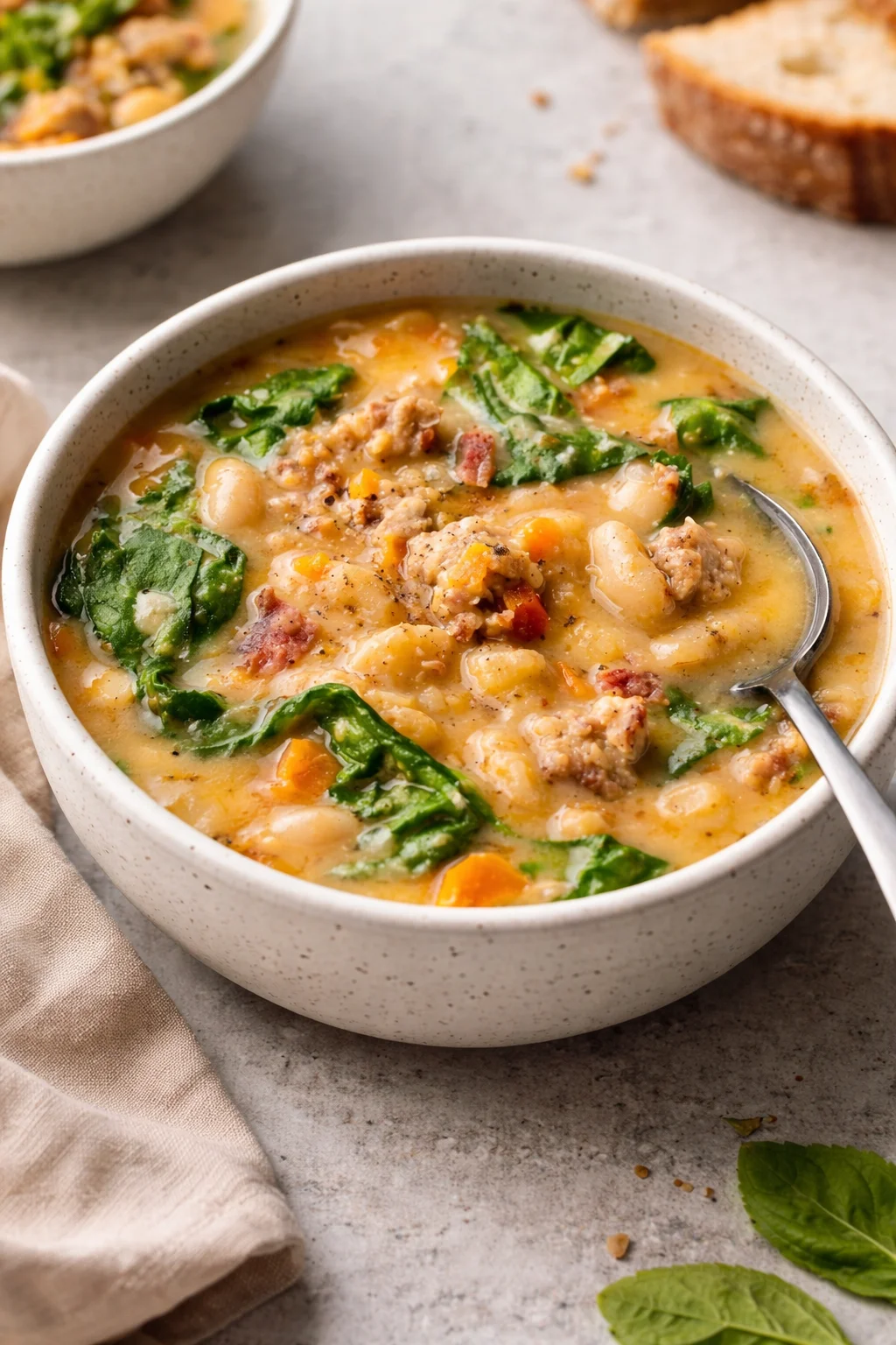 Bowl of Italian sausage white bean soup garnished with herbs