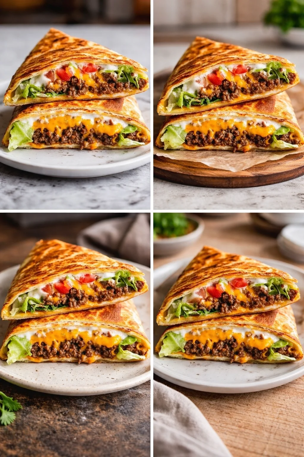 Delicious homemade Keto Crunchwraps stacked on a plate with fresh ingredients.