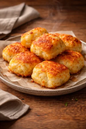 Delicious leftover mashed potato cheese puffs served on a plate.