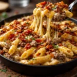Creamy loaded bacon cheeseburger Alfredo pasta garnished with cheese and bacon