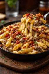 Creamy loaded bacon cheeseburger Alfredo pasta garnished with cheese and bacon
