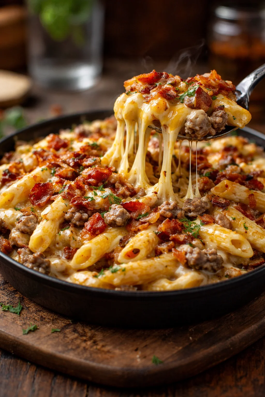Creamy loaded bacon cheeseburger Alfredo pasta garnished with cheese and bacon