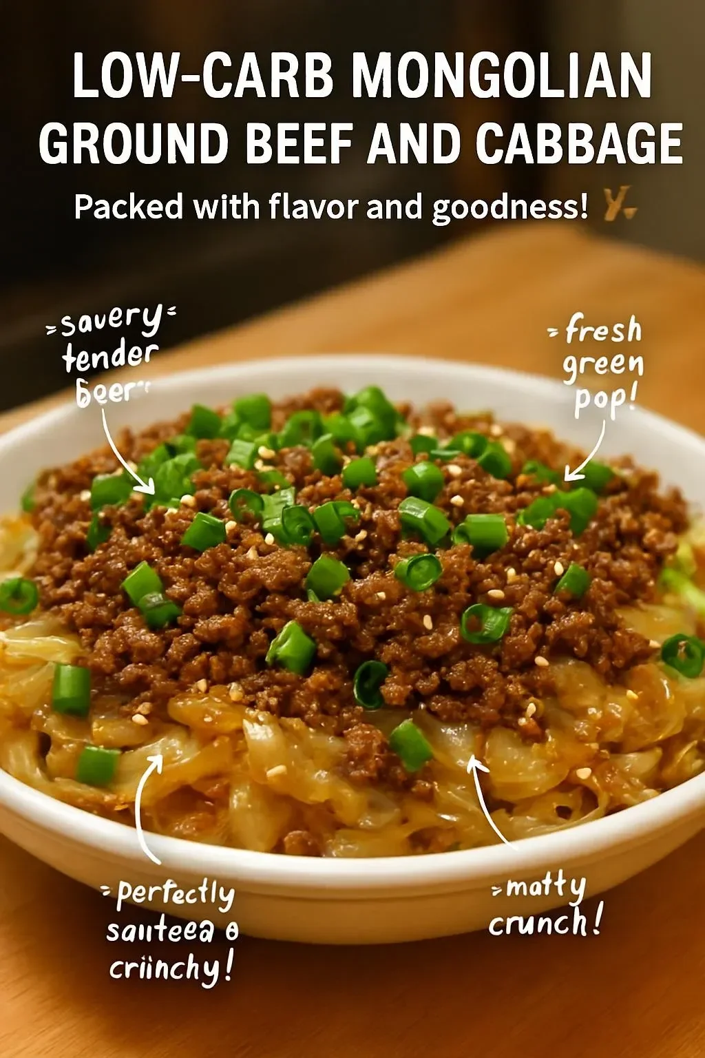 Low-carb Mongolian ground beef with cabbage dish in a bowl