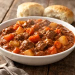 A bowl of Mamaw's 5 Hour Beef Stew with vegetables and tender beef chunks.