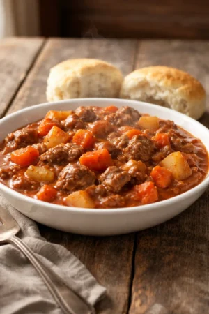 A bowl of Mamaw's 5 Hour Beef Stew with vegetables and tender beef chunks.