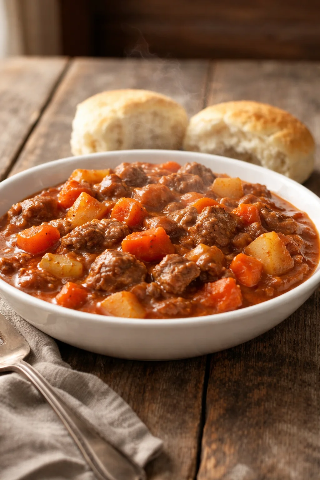 A bowl of Mamaw's 5 Hour Beef Stew with vegetables and tender beef chunks.