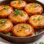 Plate of marinated roasted onions garnished with herbs