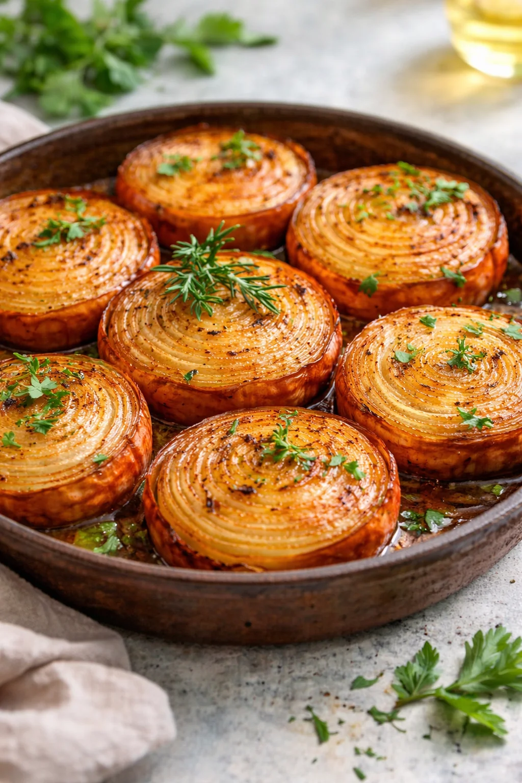 Plate of marinated roasted onions garnished with herbs