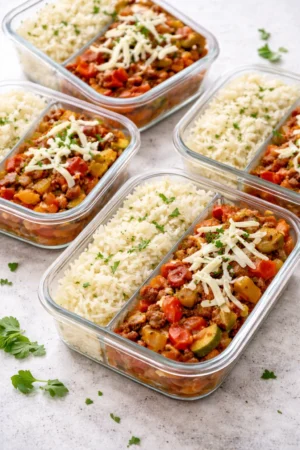 Meal prep unstuffed pepper bowls filled with colorful vegetables and grains.