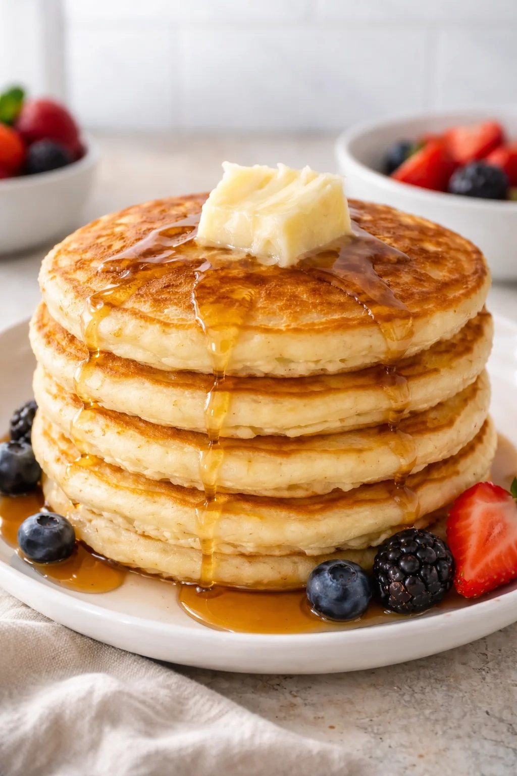 Stack of old-fashioned pancakes served with syrup and butter