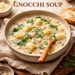 A bowl of Olive Garden Chicken Gnocchi Soup with chicken, gnocchi, and spinach