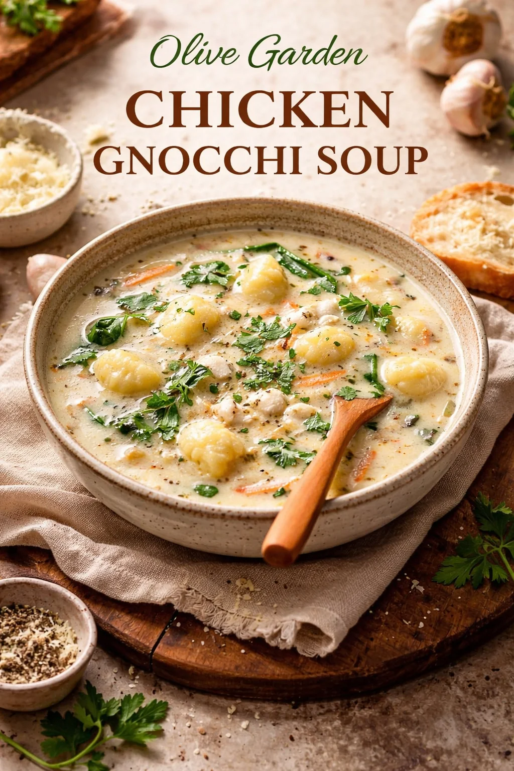 A bowl of Olive Garden Chicken Gnocchi Soup with chicken, gnocchi, and spinach