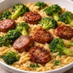 One-Pan Creamy Orzo with Chicken Sausage dish garnished with herbs