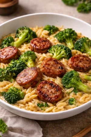 One-Pan Creamy Orzo with Chicken Sausage dish garnished with herbs