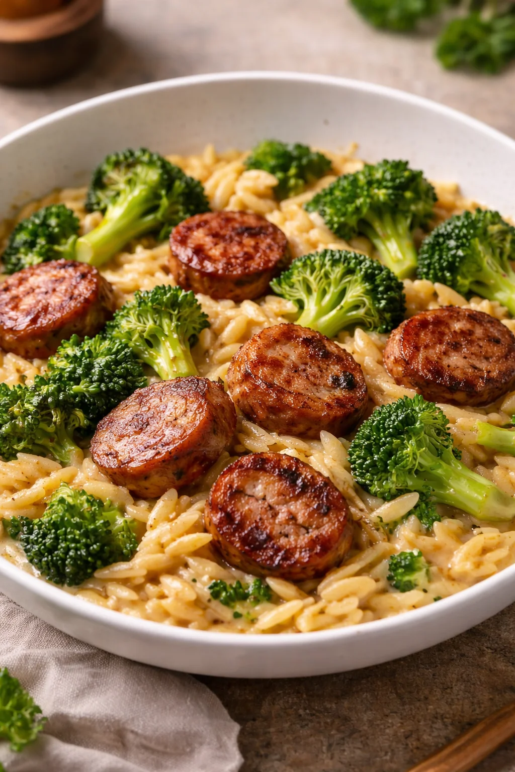 One-Pan Creamy Orzo with Chicken Sausage dish garnished with herbs