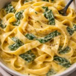 One pot creamy garlic butter spinach pasta dish served in a bowl