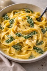 One pot creamy garlic butter spinach pasta dish served in a bowl