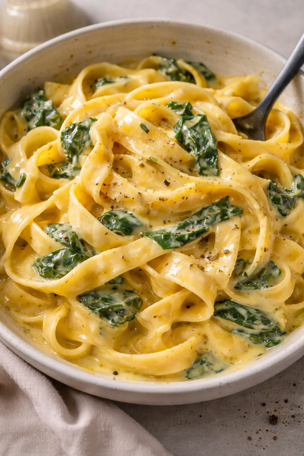 One pot creamy garlic butter spinach pasta dish served in a bowl