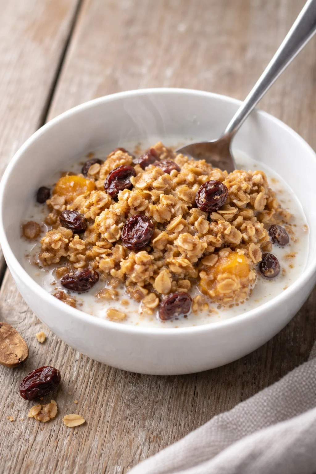 Bowl of overnight baked oatmeal with dried fruit and nuts topped with fresh fruit