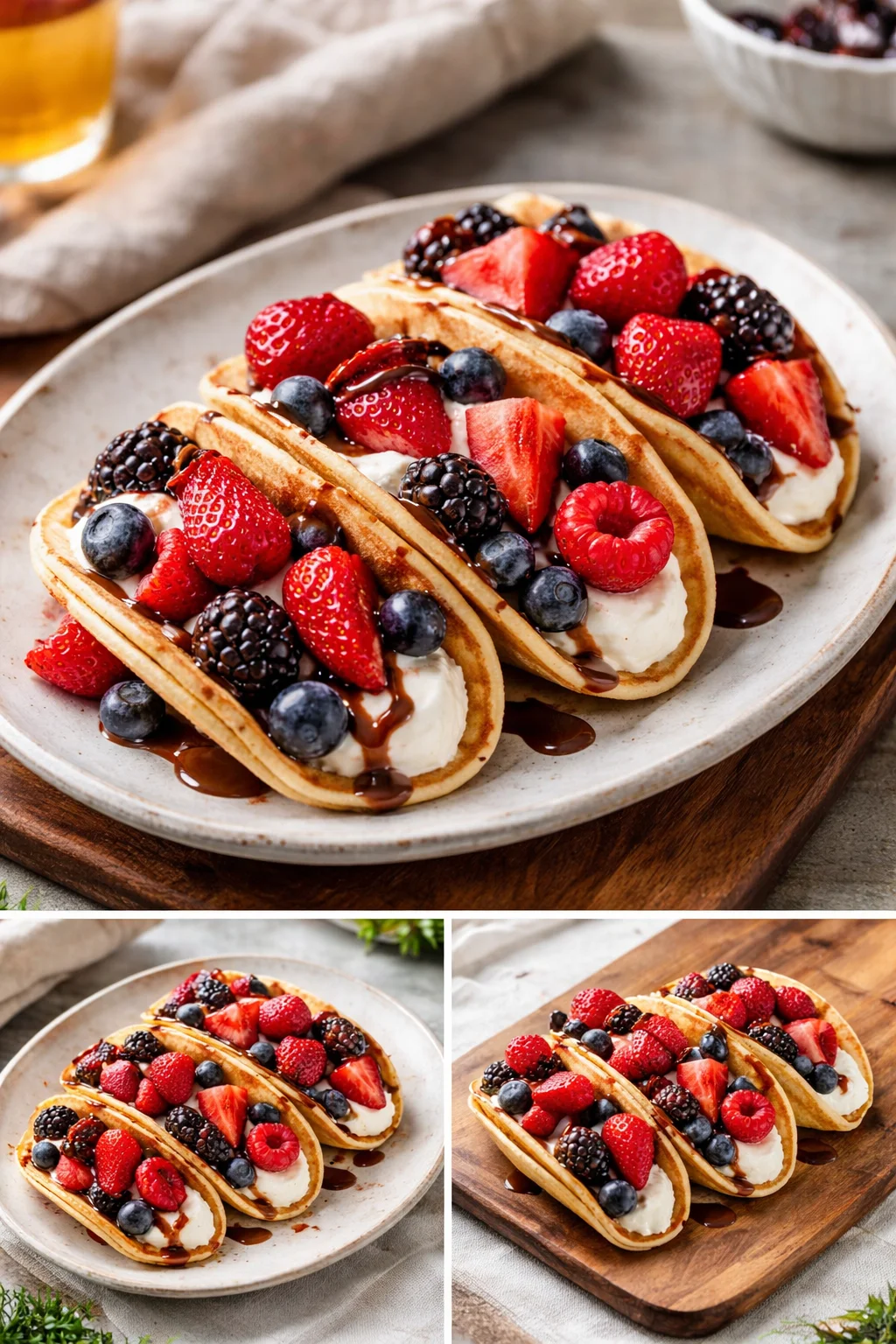 Pancake tacos filled with fresh fruits and toppings on a plate