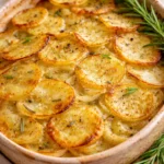 A delicious Potato and Onion Bake served in a cozy dish, perfect for dinner.
