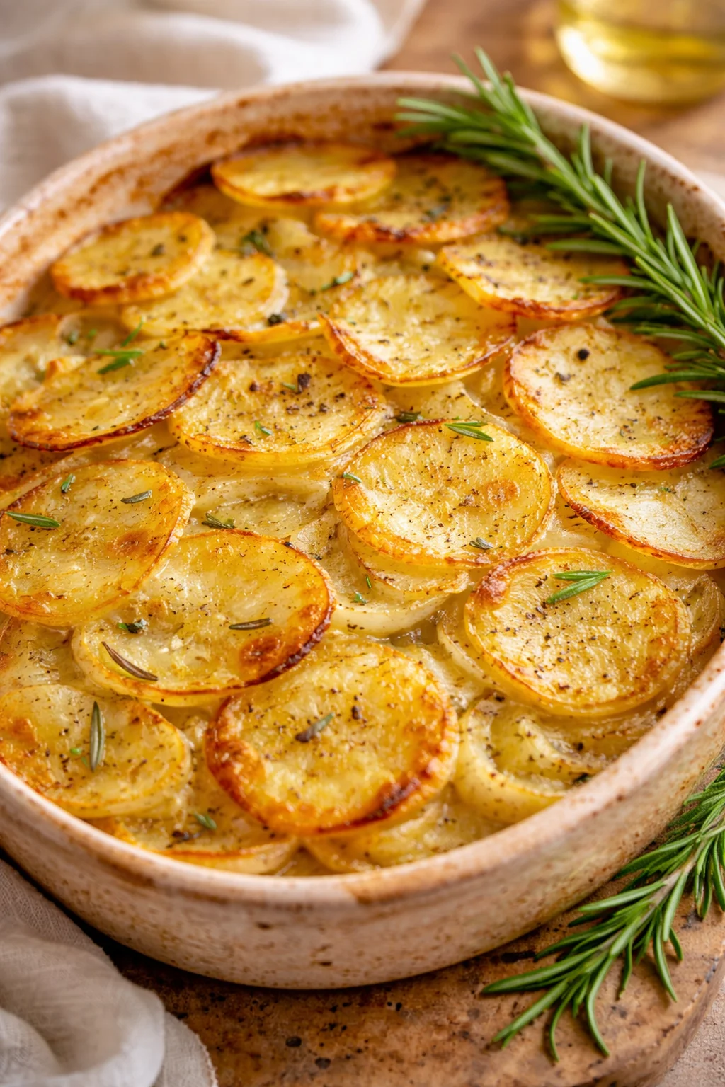 A delicious Potato and Onion Bake served in a cozy dish, perfect for dinner.