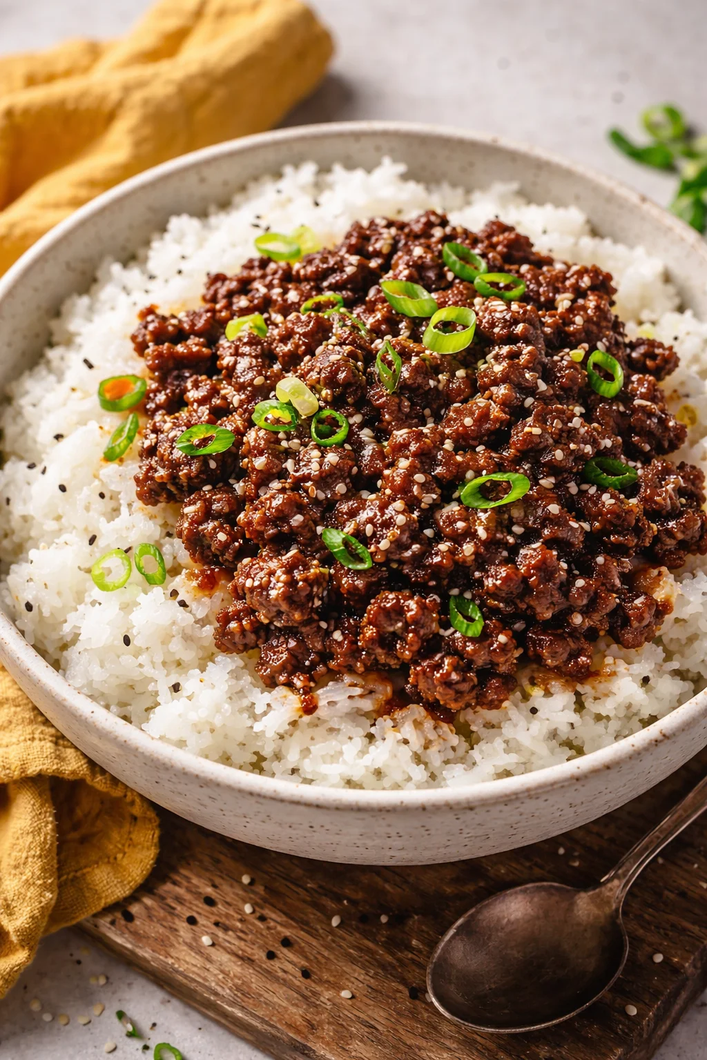 Quick ground beef and rice bowl topped with fresh vegetables.
