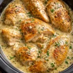 A delicious serving of Ranch Chicken cooked in a crock pot, garnished with herbs.