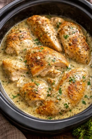 A delicious serving of Ranch Chicken cooked in a crock pot, garnished with herbs.